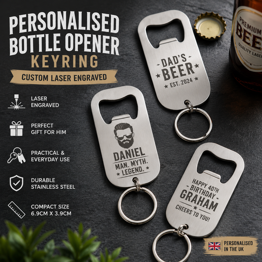 Personalised Bottle Opener Keyring – Custom Laser Engraved Stainless Steel Gift