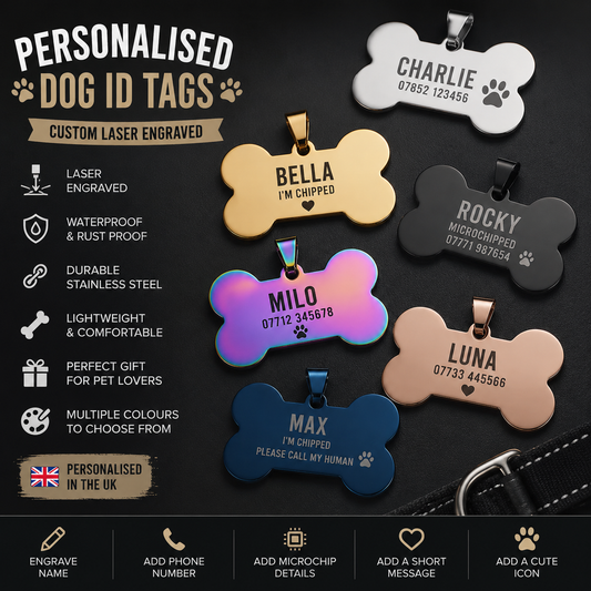 Personalised Dog ID Tag – Custom Fibre Laser Engraved Stainless Steel Pet Name Tag