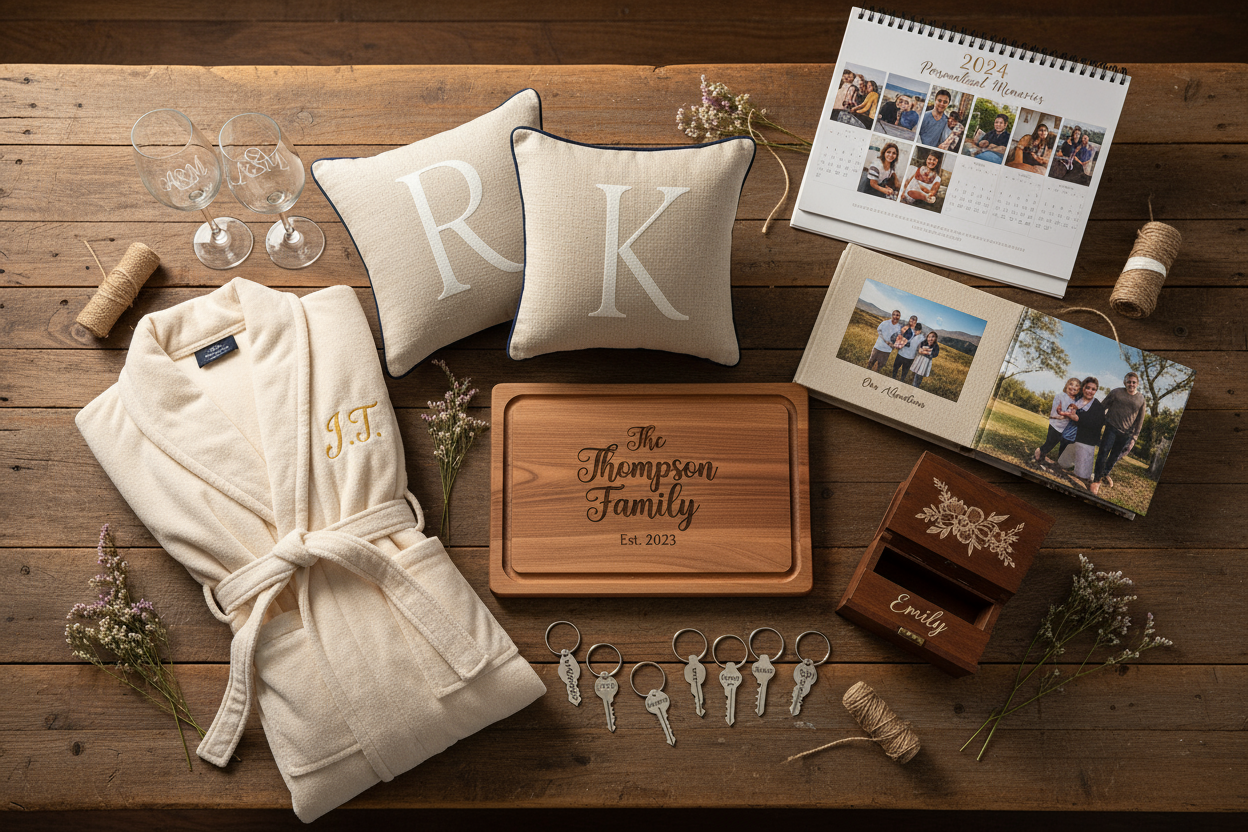 Personalised gifts including chopping board, keyrings, photo albums, calendar, pillows and wine glasses