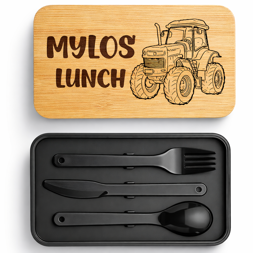 Personalised Bamboo Stackable Lunch Box - Black - Tractor Design - 001