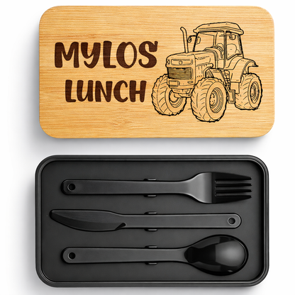 Personalised Bamboo Stackable Lunch Box - Black - Tractor Design - 001