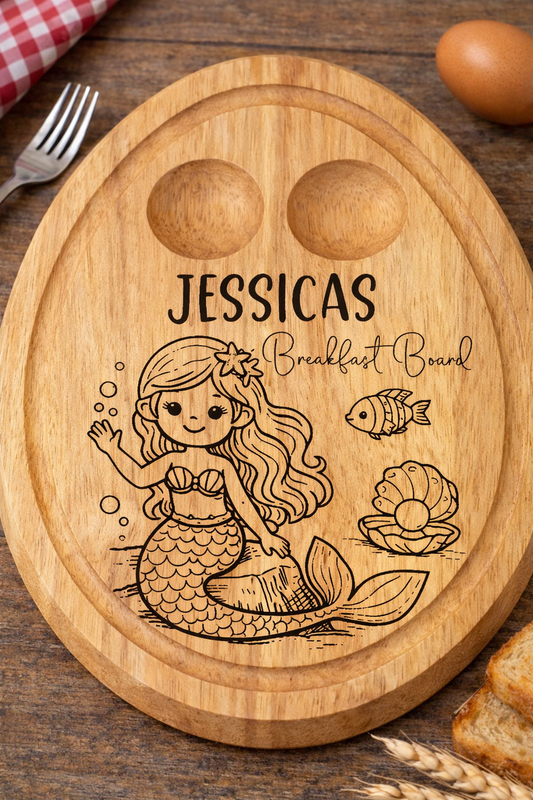 Personalised Mermaid Lagoon Breakfast Board – Engraved Wooden Egg & Toast Board for Children - 007