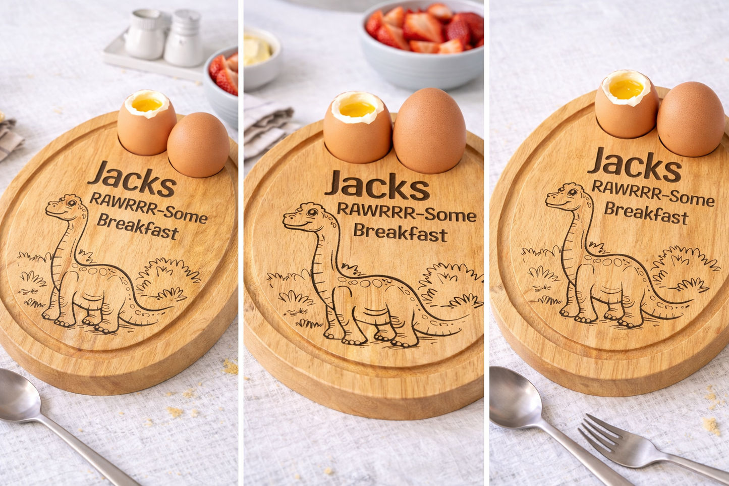 Personalised Dinosaur Breakfast Board – Engraved Wooden Egg & Toast Board for Children - 001