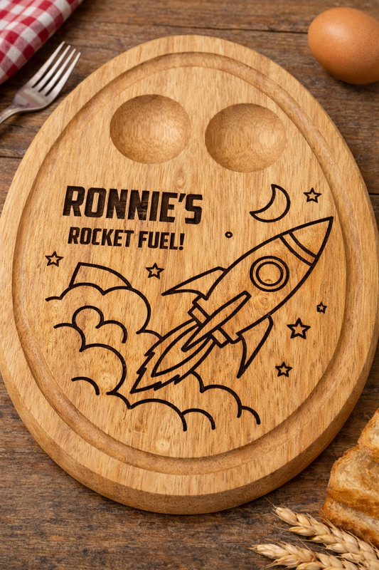 Personalised Space Rocket Breakfast Board – Engraved Wooden Egg & Toast Board for Children - 003