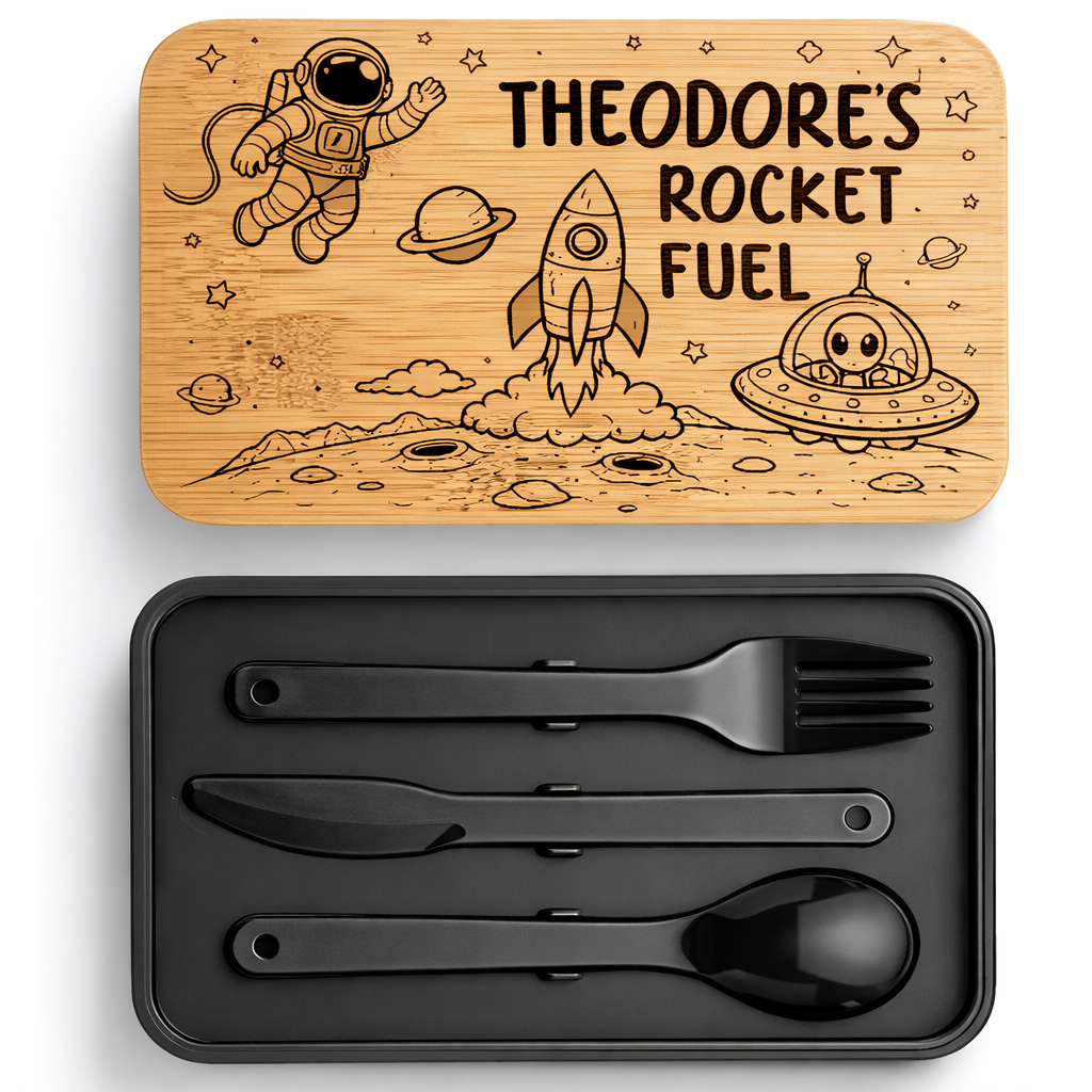 Personalised Bamboo Stackable Lunch Box - Black - Space Rocket Design - 002