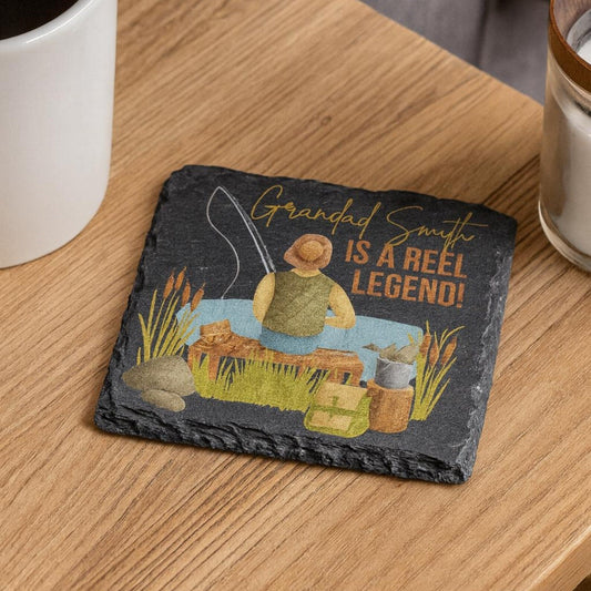 Personalised Grandad Fishing Mug & Slate Coaster Gift Set - Is A Reel Legend - Father’s Day Fisherman Mug • Custom Fishing for Him