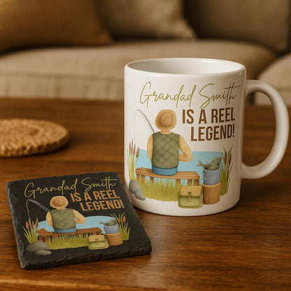 Personalised Grandad Fishing Mug & Slate Coaster Gift Set - Is A Reel Legend - Father’s Day Fisherman Mug • Custom Fishing for Him