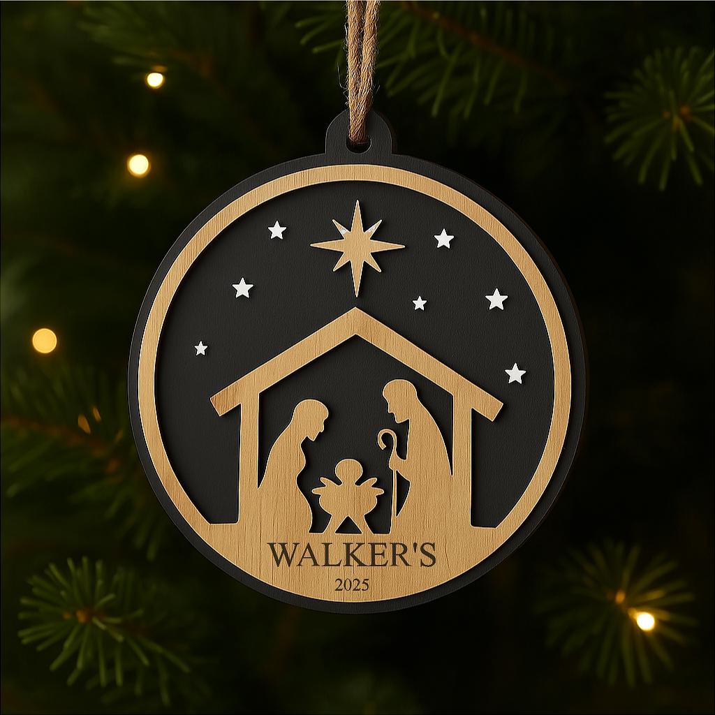 Nativity Scene Christmas Bauble – Personalised Wooden Acrylic Ornament –004