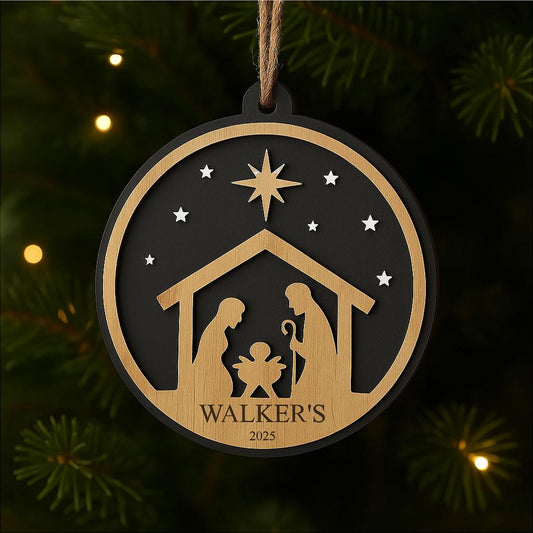 Nativity Scene Christmas Bauble – Personalised Wooden Acrylic Ornament –004