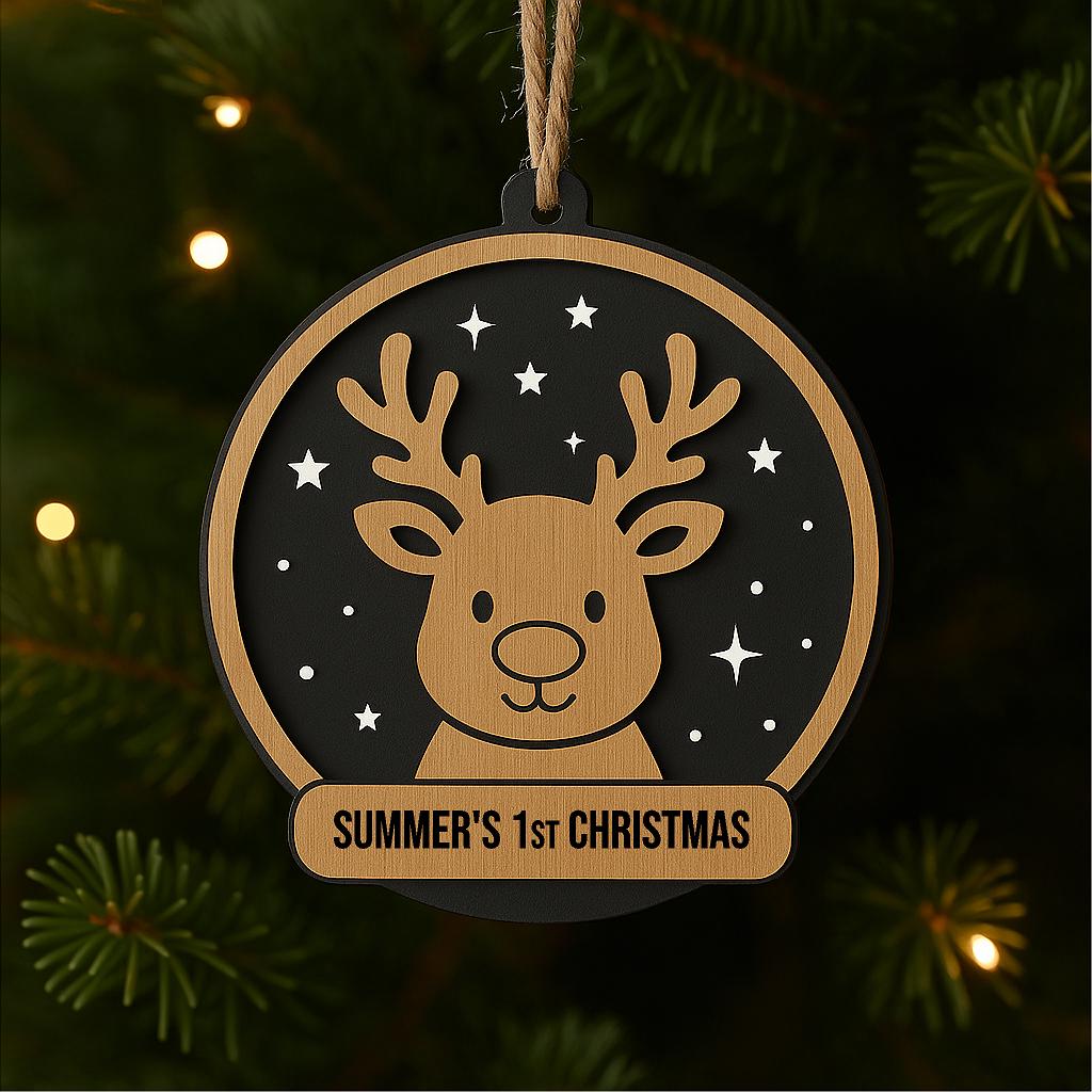 Cute Reindeer Christmas Ornament – Personalised Wooden Bauble with Antlers – 006