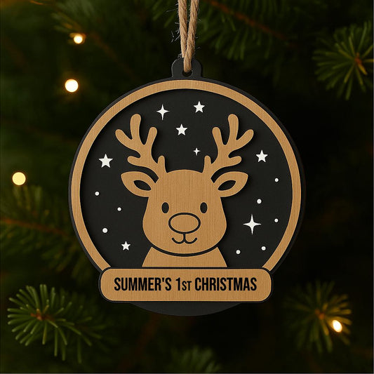 Cute Reindeer Christmas Ornament – Personalised Wooden Bauble with Antlers – 006