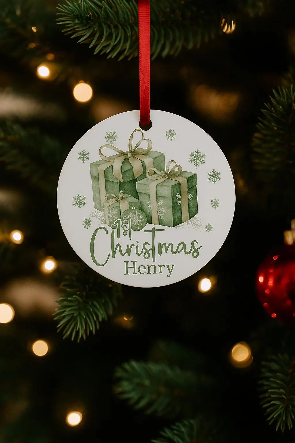 Personalised baby first 1st Christmas gift name Bauble – Green Festive Gifts
