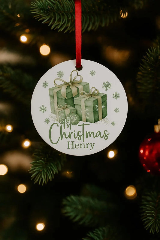 Personalised baby first 1st Christmas gift name Bauble – Green Festive Gifts