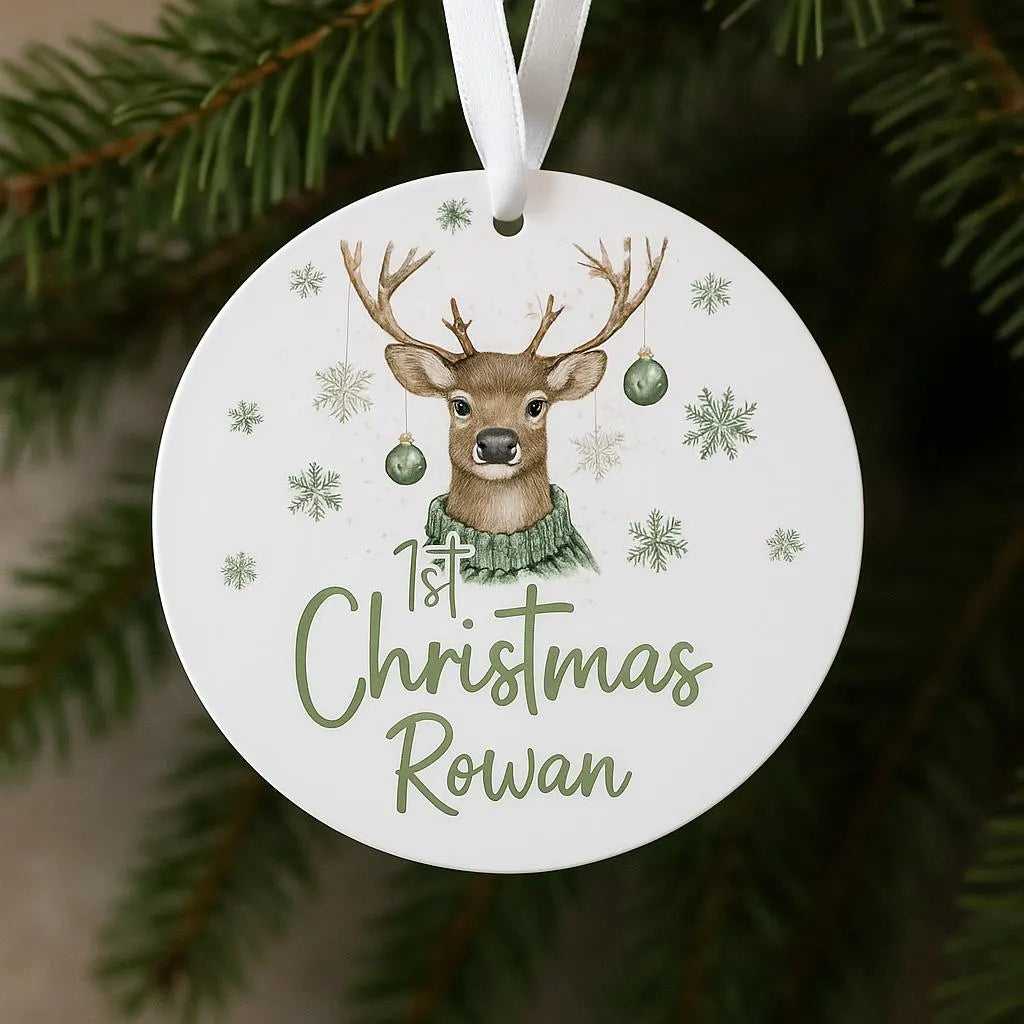 Personalised baby first 1st Christmas gift name Bauble – Green Festive Deer