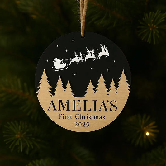 Personalised My First Christmas Tree Ornament – Custom Name Wooden & Black Acrylic Bauble - 002
