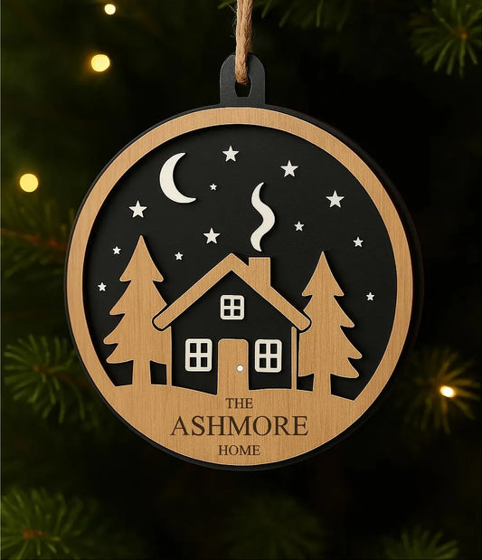 Personalised Cosy Cabin Christmas Ornament – Wooden House Bauble – 005