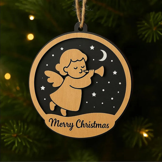 Cute Angel Christmas Ornament – Personalised Wooden Bauble – 009