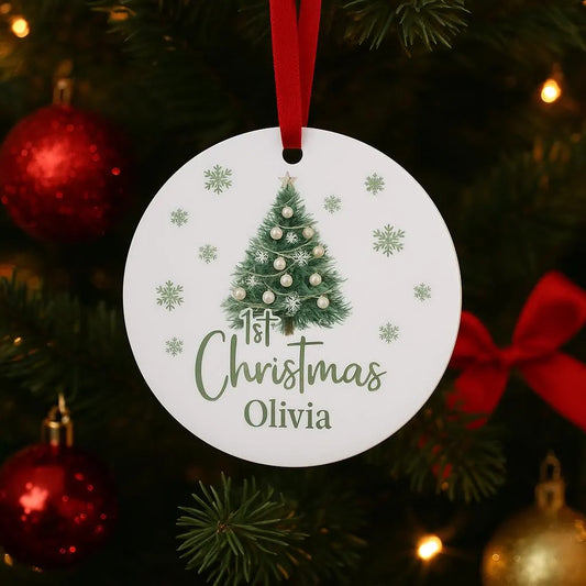 Personalised baby first 1st Christmas gift name Bauble – Green Festive Christmas Tree
