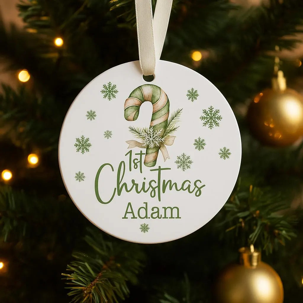 Personalised baby first 1st Christmas gift name Bauble – Green Festive Candy Cain