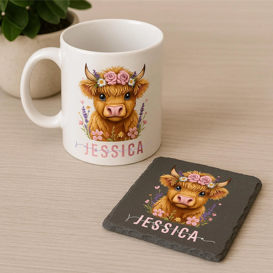 Personalised Highland Cow Mug and Slate Coaster - 95mm Square