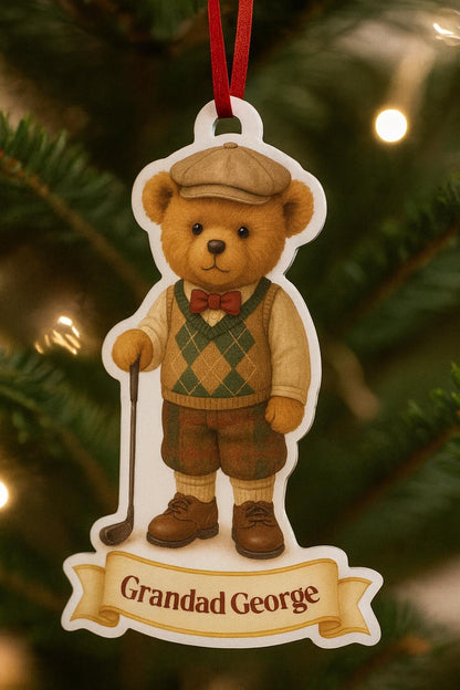 Personalised Golf Teddy Bear Christmas Tree Ornament - 95mm Tall