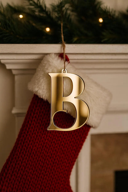 Personalised Letter Christmas Stocking Ornament - Mirror Gold Acrylic - 125mm Tall - Stocking Letters - Christmas Comeback 001